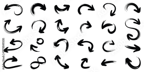 Collection of stylized abstract arrows in various orientations and colors isolated on white background, Vector, illustration