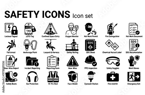 Workplace Safety Icon Set Lockout Tagout Confined Space Hot Work Permit Fall Arrest SDS Sheet Near Miss Report PPE Inspection Manufacturing Vector Illustration