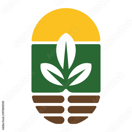 Symbolic emblem featuring cannabis leaf and rising sun with agricultural elements