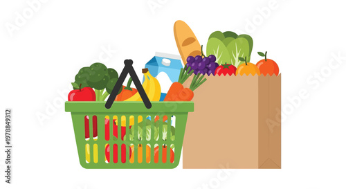 A colorful assortment of fresh produce and groceries is carried in a brown paper bag silhouette high quality professional detailed modern