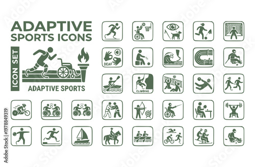 Adaptive Sports Icon Set Prosthetic Blade Wheelchair Basketball Para Athletics Visual Impairment Adaptive Surfing Deaf Culture Blind Football Vector Illustration