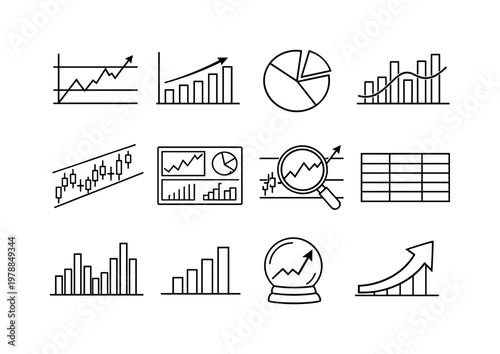 Market analysis and indicators: line chart, bar chart, pie chart, histogram bars, moving average line, support resistance levels, volume bars, trend channel, analytics