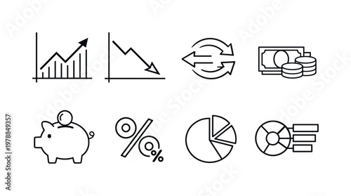 Financial value and rates: upward chart, downward chart, exchange arrows, currency stack, piggy bank, interest percent, budget pie chart, cost breakdown diagram.