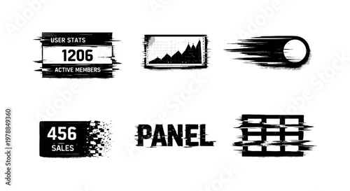 Digital dashboard widgets and panels theme, a set of 5 glitch-distorted monochrome objects placed on a perfectly clean white background, each object containing its own