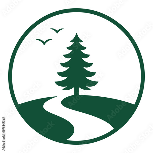 A serene forest scene featuring a tree and birds in flight within a circular frame