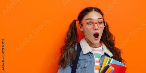Excited Student Holds Colorful Books in Front of Bright Orange Wall During Sc...