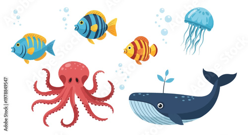 Colorful marine life illustration features fish octopus whale and jellyfish in a whimsical underwater scene silhouette high quality professional detailed modern