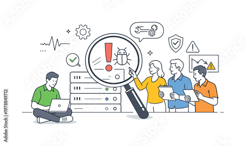 A system diagnostics and issue detection scene showing a small team analyzing performance around a large magnifying glass and a server icon, using a clean visual metaphor