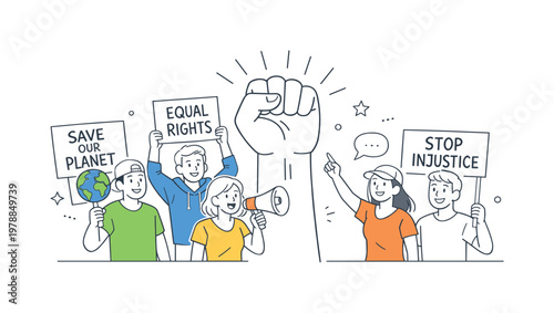 Protest rally civic engagement scene showing a small group of people peacefully gathering to express their views in a public space, with protest signs and a single raised