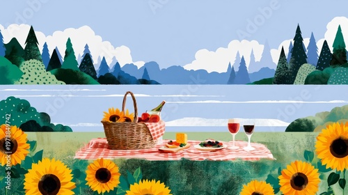 People Enjoy a Picnic With Food and Drink Under Trees on a Sunny Day in a Gre...