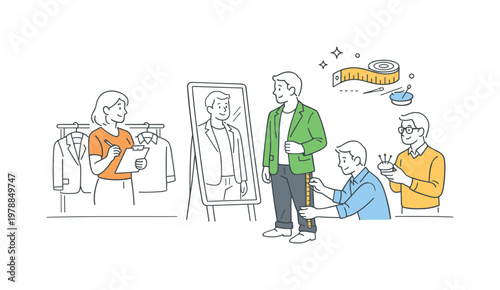 A tailor fitting scenario where a client tries on clothing while a professional adjusts measurements in a workshop setting, shown through a small group interacting near a