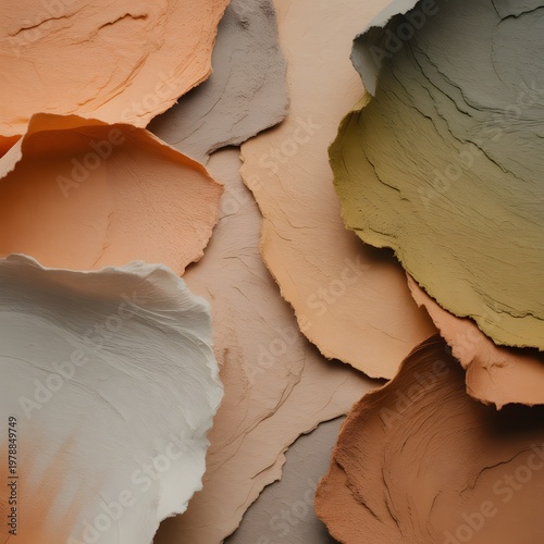 Abstract background featuring layered organic shapes with rough texture in earthy tones of terracotta beige and olive green