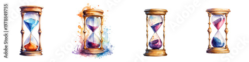 Collection of hourglasses with colorful sand and watercolor design elements