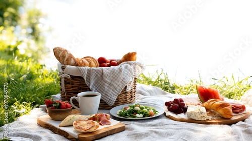 Picnic With Food Items by a Riverside on a Sunny Day in a Green Area During S...