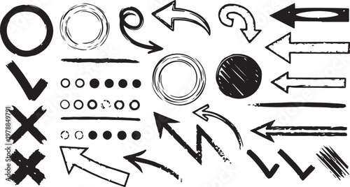 Hand drawn arrow vector set — doodle sketch curved arrows and symbols in black ink