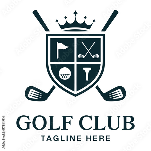 Elegant crest of a prestigious golf club with crossed golf clubs and a crown emblem