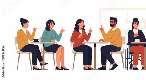 Diverse group of people communicating with sign language at tables in a modern cafe setting, vector illustration for inclusivity and connection.