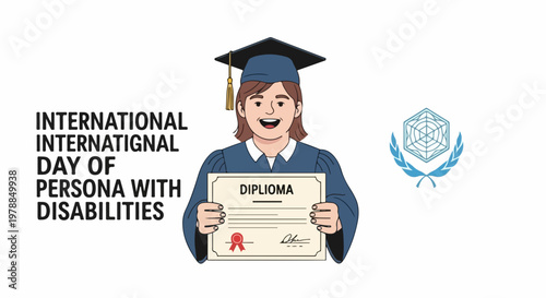 International Day of Persons with Disabilities vector illustration celebrating graduation achievement and academic success. Education for all concept with diploma and cap.
