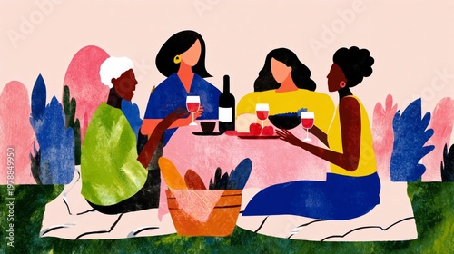 Friends Enjoy Picnic in the Park During Sunny Afternoon With Food and Drinks