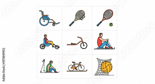 Inclusive sports vector icons showcasing adaptive equipment and activities for athletes with disabilities, promoting active lifestyles and accessibility in sports.