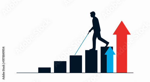 Blind person climbing stairs with arrows indicating progress and growth, vector illustration for business success and overcoming challenges.