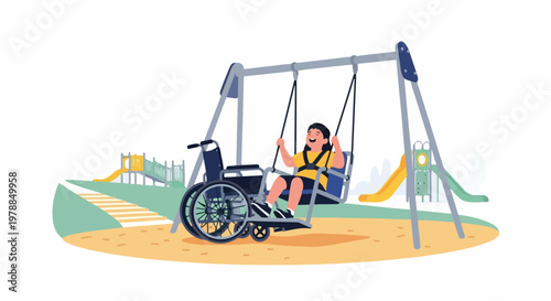 Inclusive playground fun with child in wheelchair on swing set, accessible park equipment, vector illustration for diversity and inclusion.