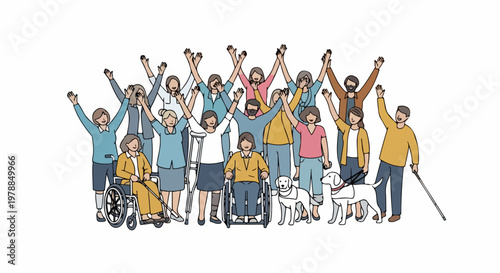 Diverse group of people celebrating together, including individuals with disabilities, in a joyful vector illustration. Community unity and inclusion concept for diverse representation.