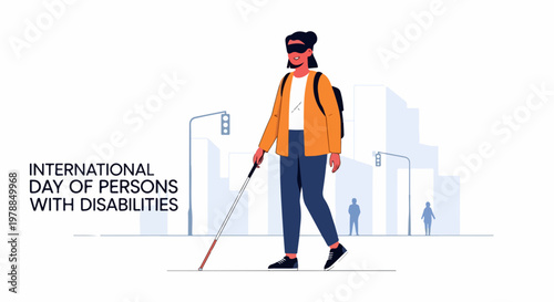 International Day of Persons with Disabilities vector illustration featuring a woman with a white cane and VR headset navigating a city street, promoting inclusion and accessibility.