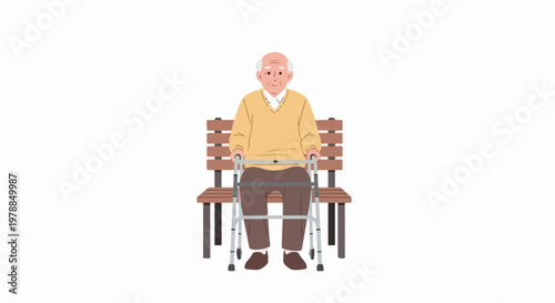 Elderly man with walker sitting on park bench, vector illustration for senior care and mobility concepts.