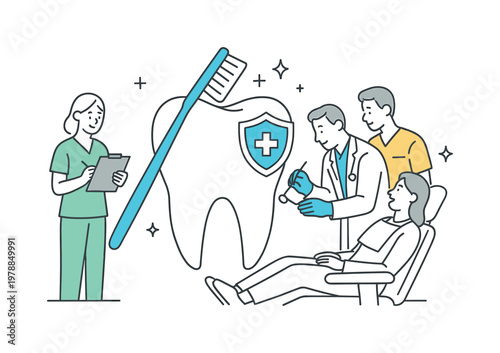 Healthcare professionals providing routine dental care to maintain oral hygiene and prevent issues in a clinical setting, illustrated through a clear metaphor of a large
