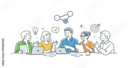 Office communication teamwork scenario showing a group aligning ideas and resolving tasks through clear dialogue and gestures, with a meeting table and a single