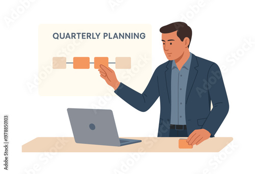 A professional conducting a focused quarterly planning session in a calm business setting, standing beside a laptop while arranging a simple timeline panel with milestone