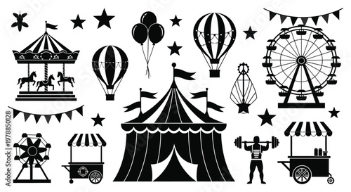 A charming black and white carnival scene featuring rides tents and festive decorations presented as a silhouette high quality professional detailed