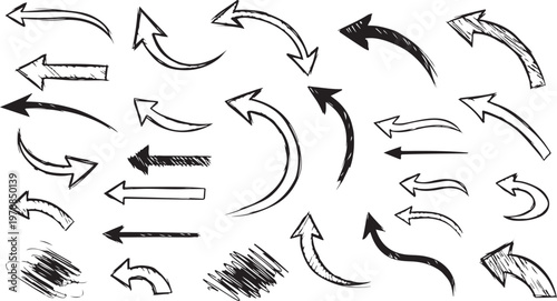 Hand drawn arrow vector set — doodle sketch curved arrows and symbols in black ink