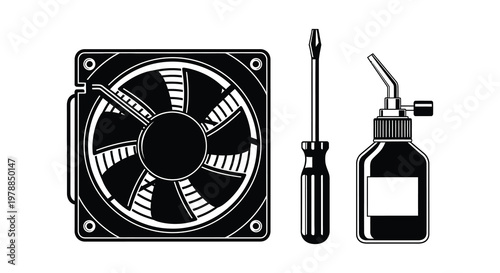 A black and white illustration depicts computer cooling components alongside repair tools presented as a silhouette high quality professional detailed modern