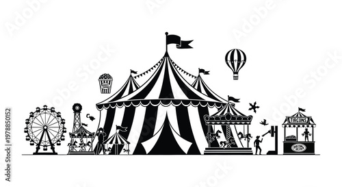 A vintage circus scene depicts a tent ferris wheel and hot air balloon in striking silhouette high quality professional detailed modern