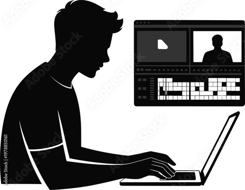 Side profile silhouette of a young male video editor working on a creative post production project using laptop computer,