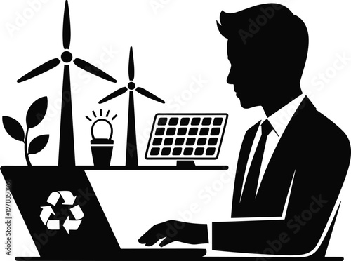 Silhouette of Businessman Working on Laptop with Green Energy Icons Representing Sustainable Business Growth and Environmental Corporate Responsibility