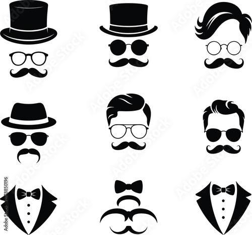 Vintage gentleman and hipster avatar set featuring stylish mustaches, diverse hats, elegant eyewear, and formal tuxedo suits for branding