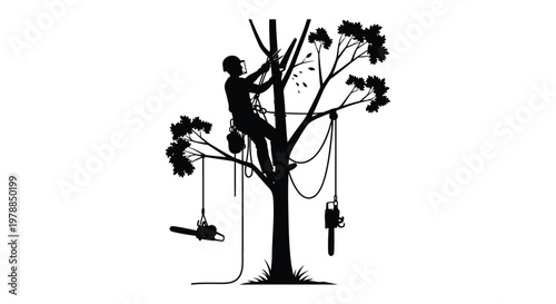 A lone arborist carefully prunes a large tree with professional equipment depicted as a stark silhouette high quality detailed modern elegant
