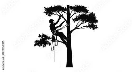 A tree worker ascends a large tree using ropes and climbing gear depicted as a striking silhouette high quality professional detailed