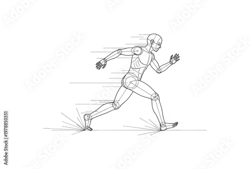 Futuristic linear design of a running cyborg with dynamic motion lines
