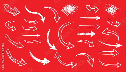 Hand drawn arrow vector set — doodle sketch curved arrows and symbols in black ink