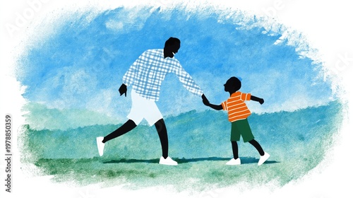 Walking With a Child in a Park on a Sunny Day Under a Blue Sky