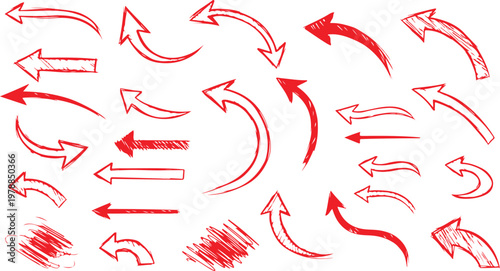 Hand drawn arrow vector set — doodle sketch curved arrows and symbols in black ink