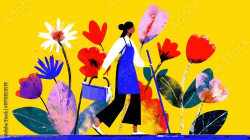 Gardener Walks Among Colorful Flowers During a Bright Day in Springtime