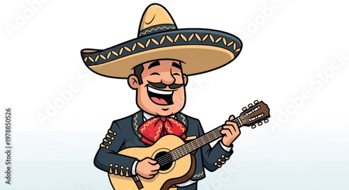 Cartoon mariachi man, sombrero, guitar, Mexican music icon, colorful character illustration