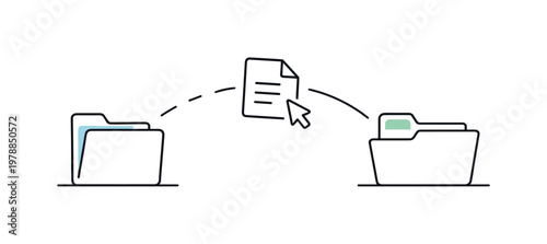 Drag and drop interaction and intuitive file movement in modern user interfaces, a simple document icon being moved along a clean path with a small cursor representing