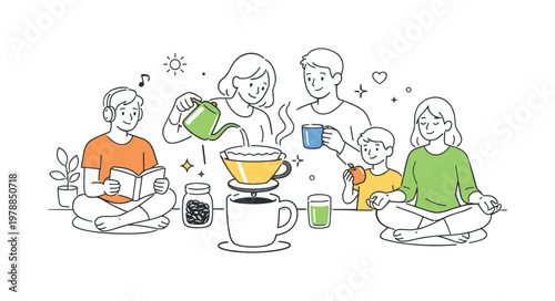 A daily routine and lifestyle scenario where individuals prepare fresh coffee as part of a mindful morning ritual, illustrated through a clean scene featuring a coffee