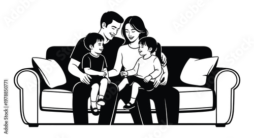 A happy family of four sits together on a comfortable couch creating a heartwarming domestic scene silhouette high quality professional detailed